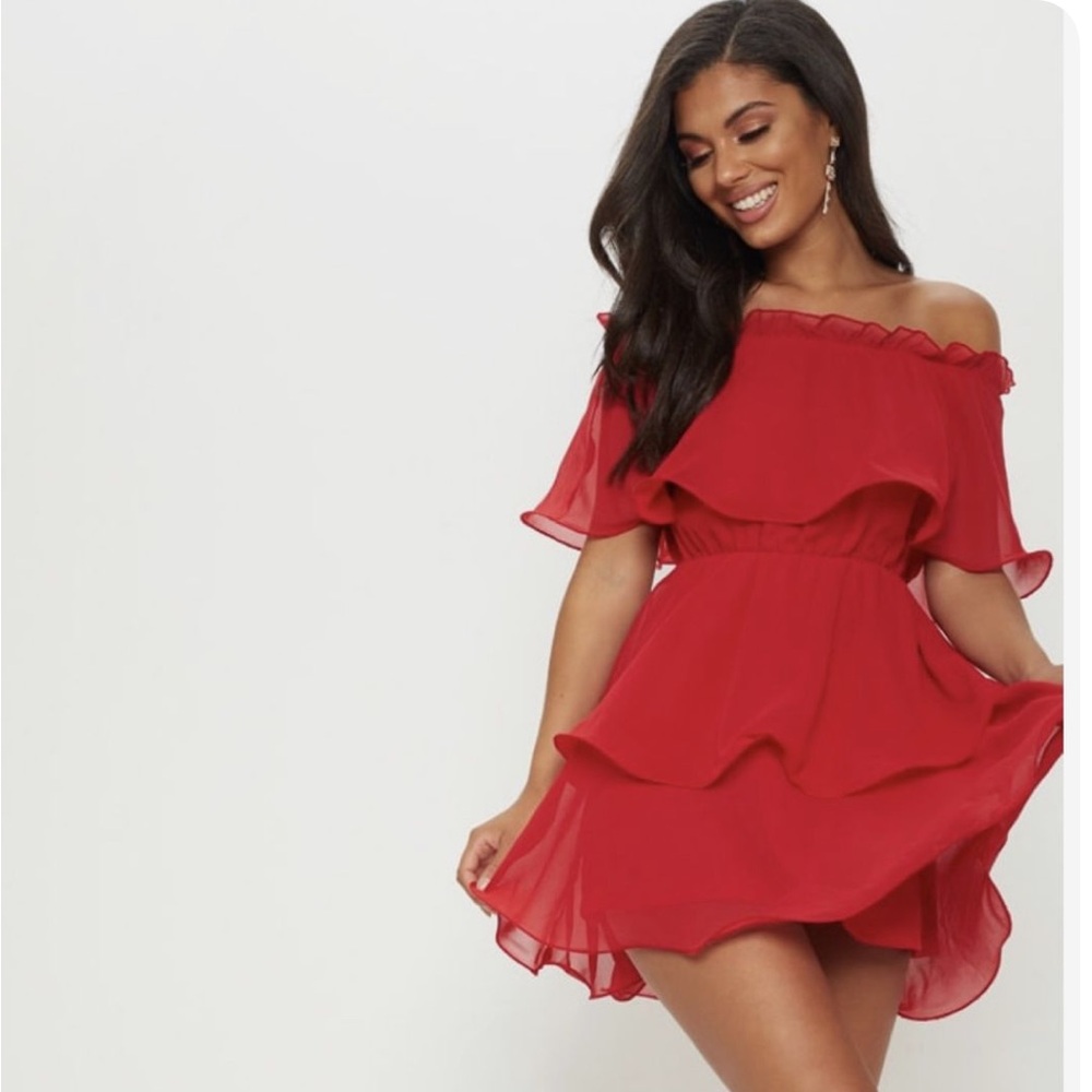 Vibrant Coral Off-Shoulder Tiered Mini Dress